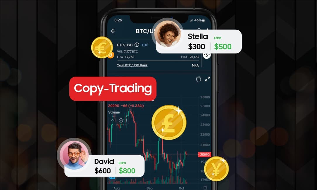 A smartphone screen displaying a copy-trading app interface, showing user profiles, earnings, and cryptocurrency charts.